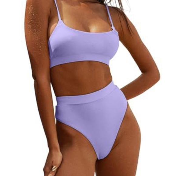 Purple Bikini Set with High-Waisted Bottoms and Scoop Neckline - Picture 3 of 3
